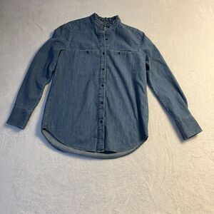 Paris Atelier Top Womens 4 Blue Denim Button Up Long Sleeve Ruffle Collar Preppy